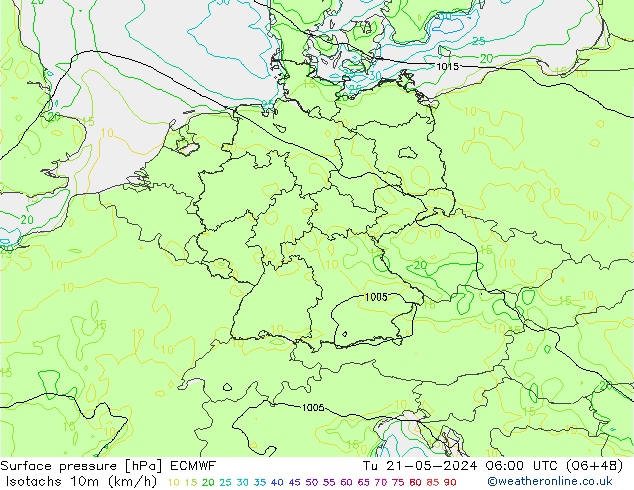 Isotachs (kph) ECMWF  21.05.2024 06 UTC