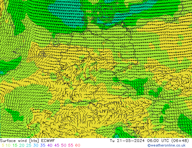 Prec 6h/Wind 10m/950 ECMWF Tu 21.05.2024 06 UTC
