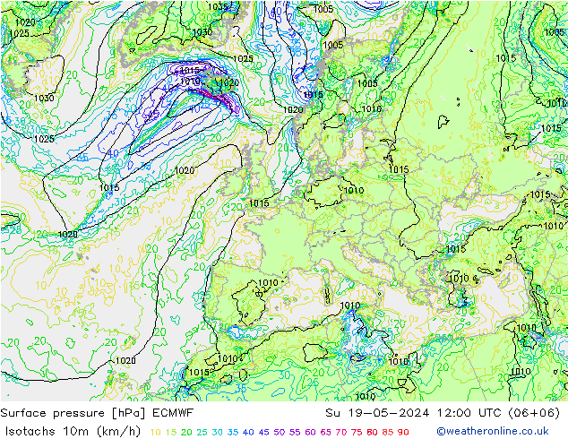 10米等风速线 (kph) ECMWF 星期日 19.05.2024 12 UTC