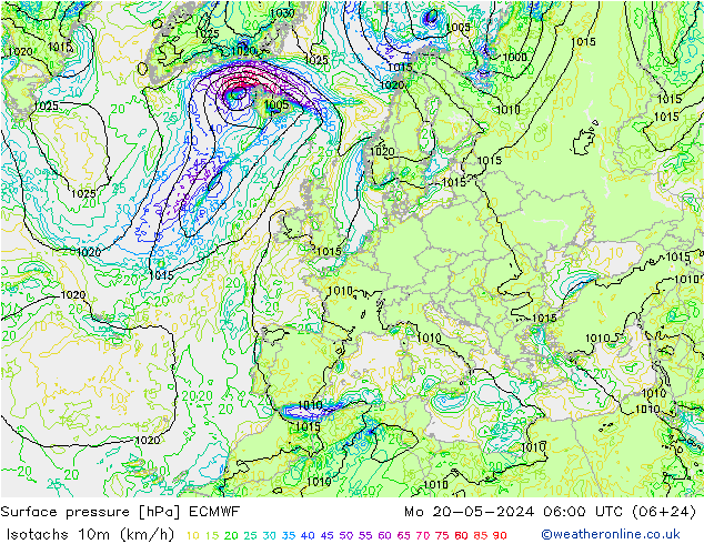 10米等风速线 (kph) ECMWF 星期一 20.05.2024 06 UTC