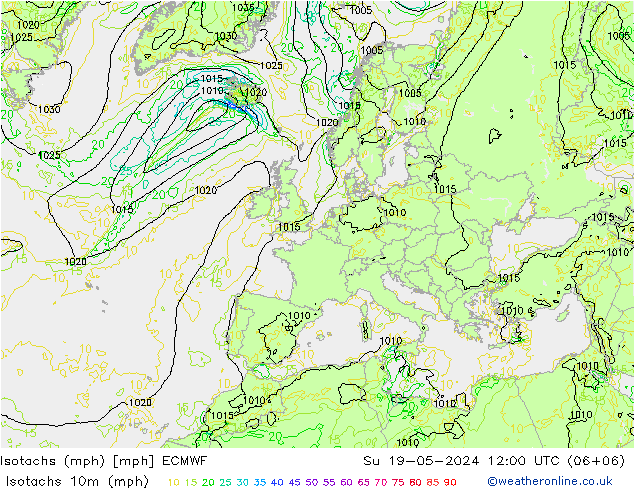 Isotachen (mph) ECMWF So 19.05.2024 12 UTC