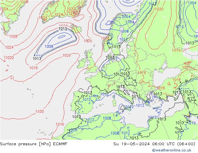 Presión superficial ECMWF dom 19.05.2024 06 UTC