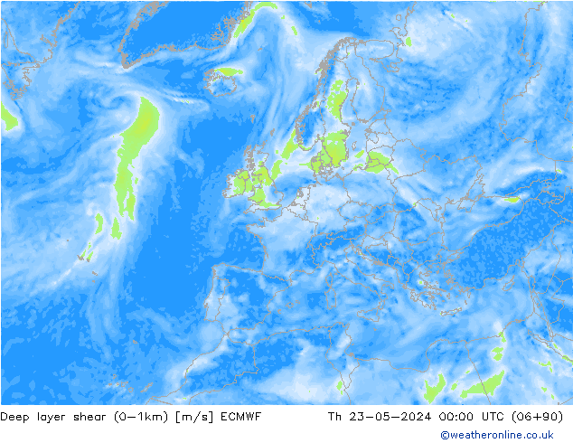 Deep layer shear (0-1km) ECMWF jeu 23.05.2024 00 UTC