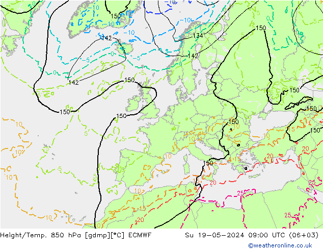 Height/Temp. 850 hPa ECMWF So 19.05.2024 09 UTC