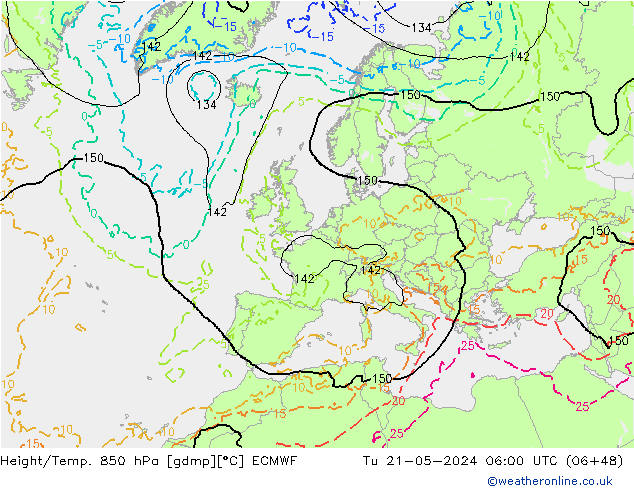 Z500/Yağmur (+YB)/Z850 ECMWF Sa 21.05.2024 06 UTC