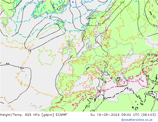 Height/Temp. 925 hPa ECMWF So 19.05.2024 09 UTC