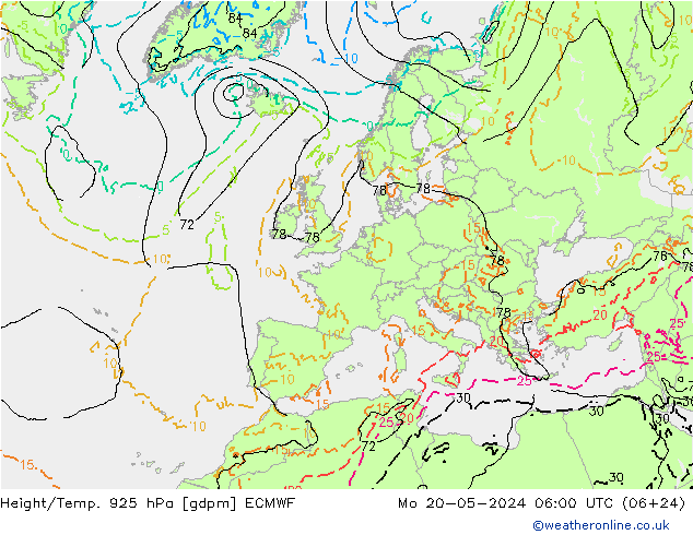 Height/Temp. 925 hPa ECMWF Mo 20.05.2024 06 UTC