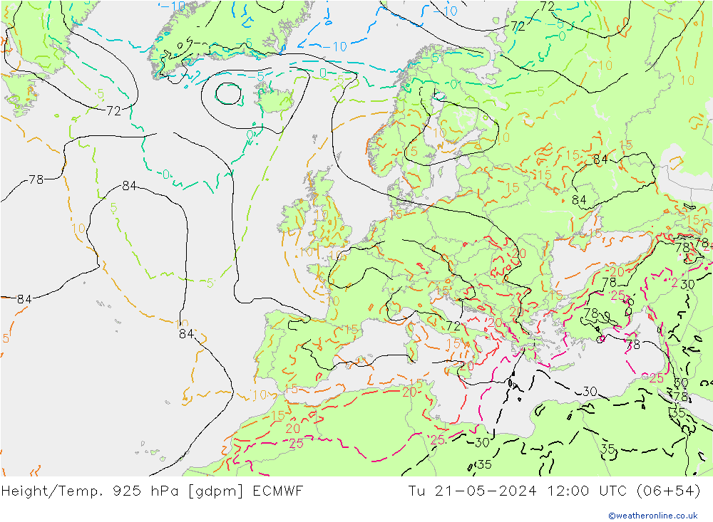 Height/Temp. 925 hPa ECMWF Di 21.05.2024 12 UTC