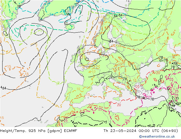Hoogte/Temp. 925 hPa ECMWF do 23.05.2024 00 UTC
