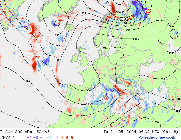 T-Adv. 500 hPa ECMWF Tu 21.05.2024 06 UTC
