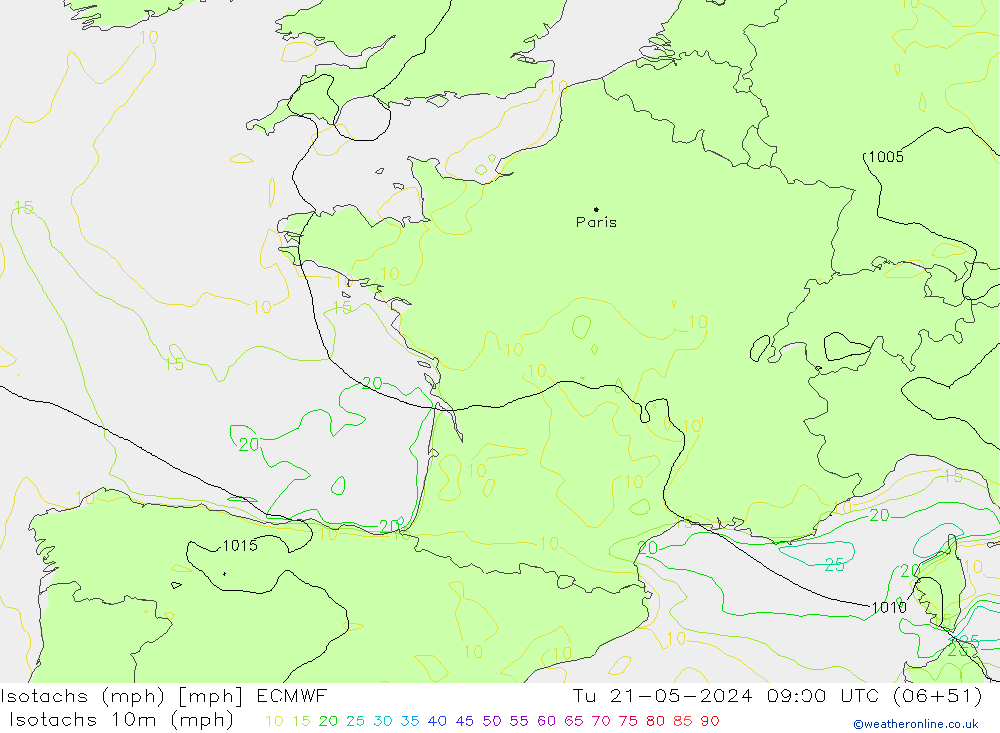 Isotachen (mph) ECMWF Di 21.05.2024 09 UTC