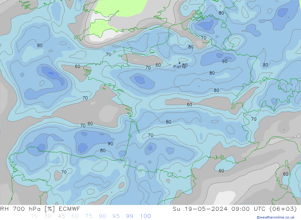 Humidité rel. 700 hPa ECMWF dim 19.05.2024 09 UTC