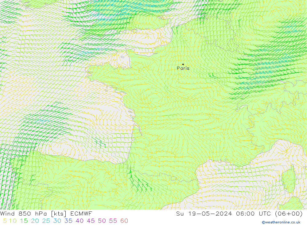 Wind 850 hPa ECMWF So 19.05.2024 06 UTC