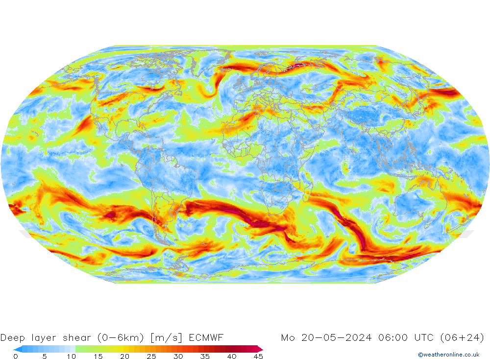 Deep layer shear (0-6km) ECMWF lun 20.05.2024 06 UTC