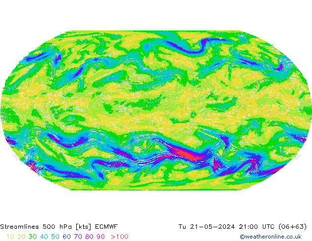 Streamlines 500 hPa ECMWF Tu 21.05.2024 21 UTC