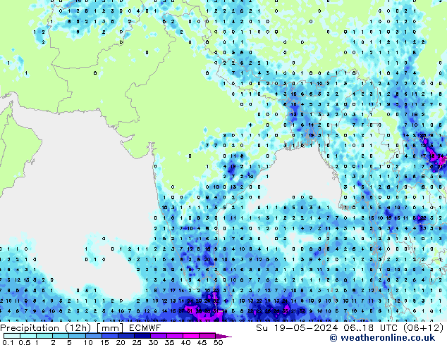 Precipitation (12h) ECMWF Su 19.05.2024 18 UTC