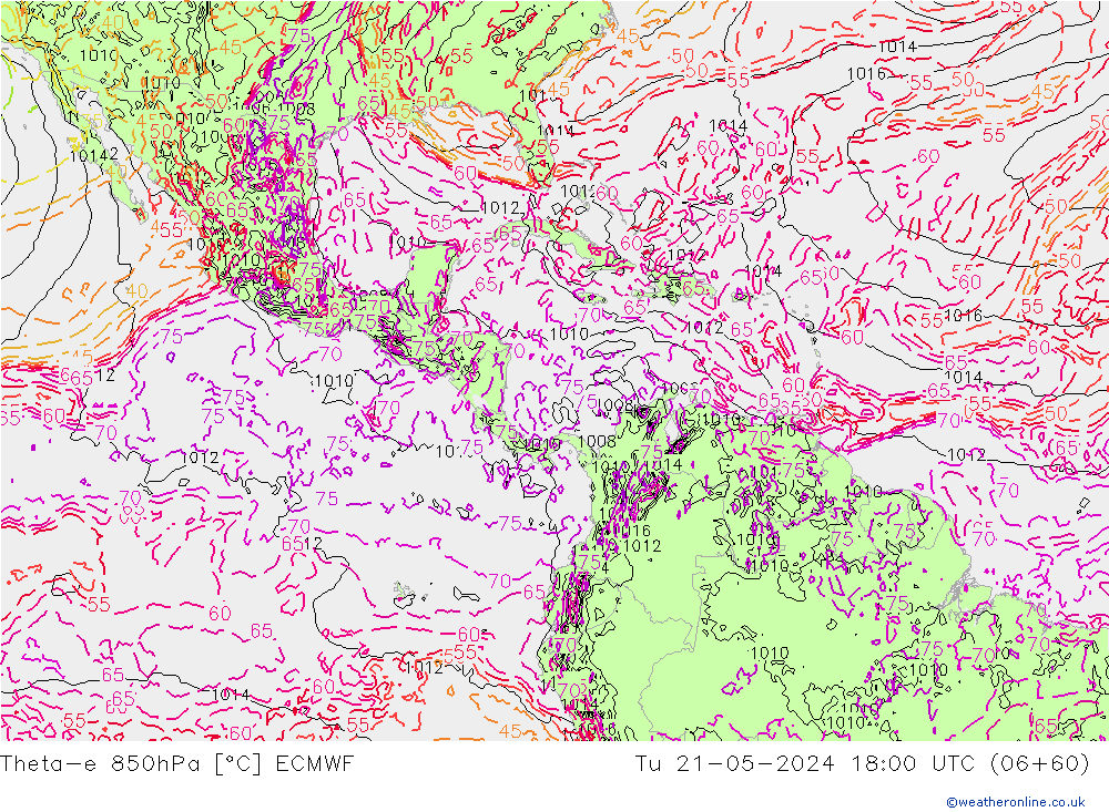 Theta-e 850hPa ECMWF Tu 21.05.2024 18 UTC