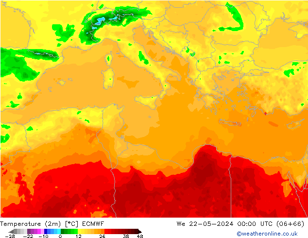 Temperatuurkaart (2m) ECMWF wo 22.05.2024 00 UTC