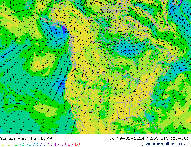 wiatr 10 m ECMWF nie. 19.05.2024 12 UTC