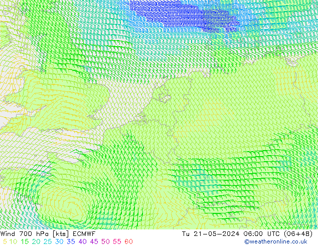 Rüzgar 700 hPa ECMWF Sa 21.05.2024 06 UTC