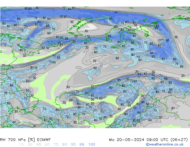 RH 700 hPa ECMWF lun 20.05.2024 09 UTC