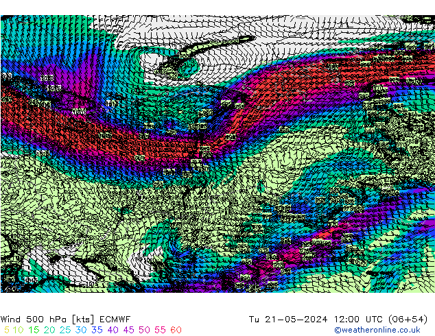 Wind 500 hPa ECMWF Tu 21.05.2024 12 UTC