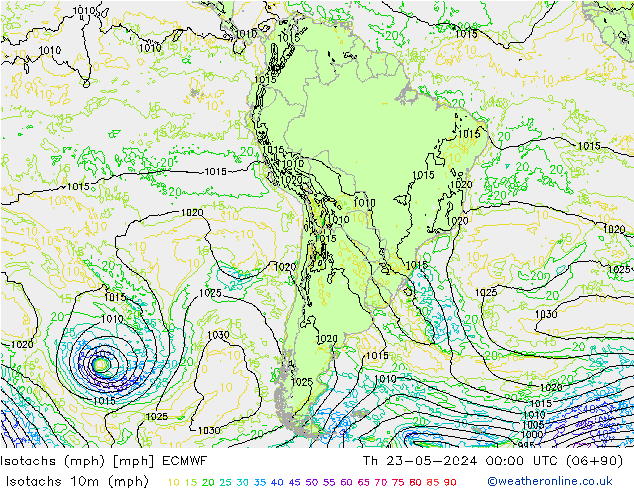 Isotachs (mph) ECMWF Th 23.05.2024 00 UTC