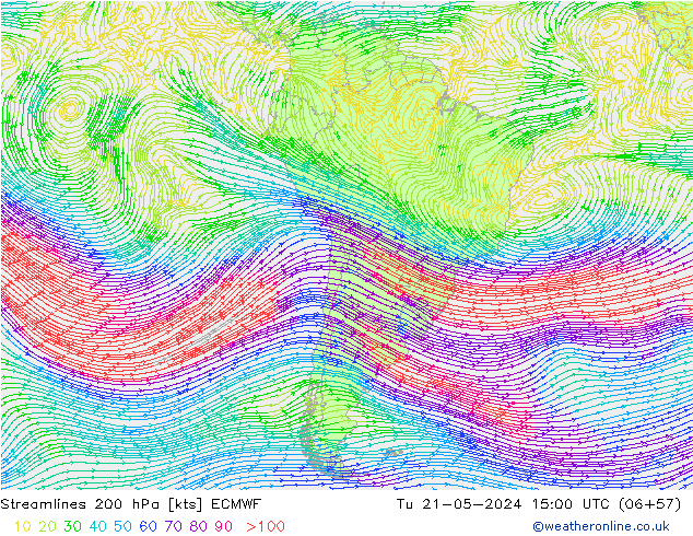 Linia prądu 200 hPa ECMWF wto. 21.05.2024 15 UTC