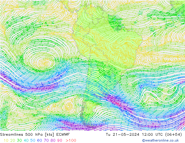 Linea di flusso 500 hPa ECMWF mar 21.05.2024 12 UTC
