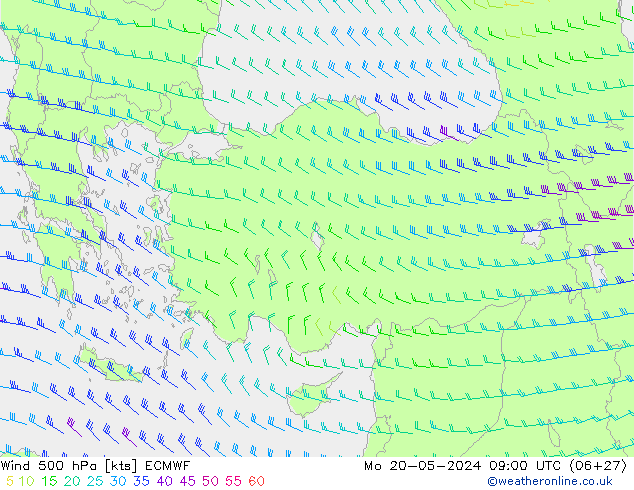 Wind 500 hPa ECMWF Mo 20.05.2024 09 UTC