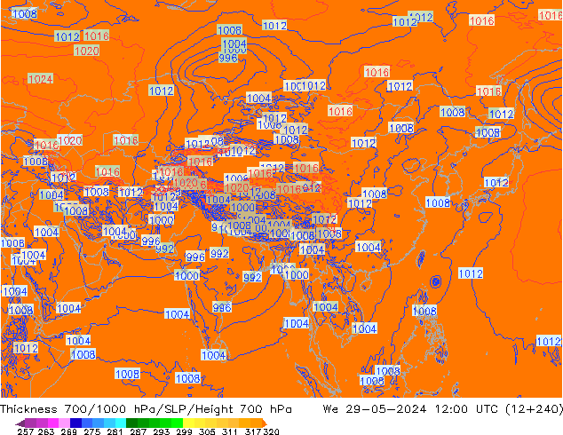 Thck 700-1000 hPa ECMWF mer 29.05.2024 12 UTC