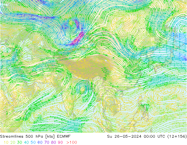 Linia prądu 500 hPa ECMWF nie. 26.05.2024 00 UTC
