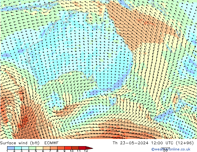 Surface wind (bft) ECMWF Th 23.05.2024 12 UTC