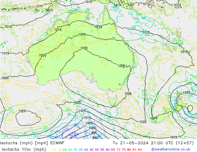Isotachs (mph) ECMWF Tu 21.05.2024 21 UTC