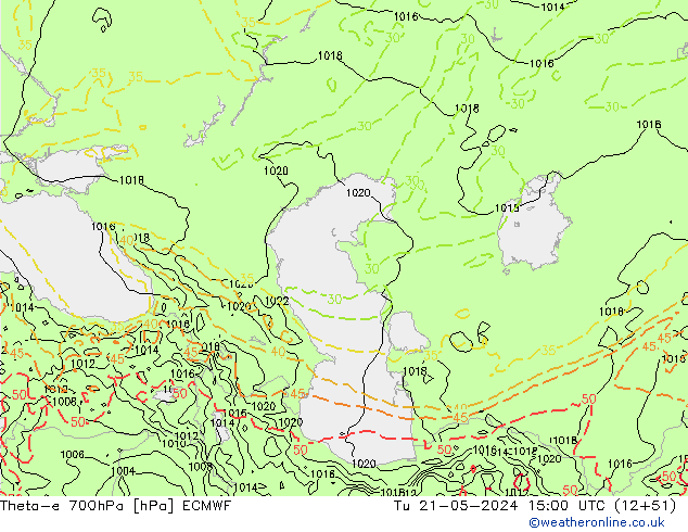Theta-e 700hPa ECMWF di 21.05.2024 15 UTC