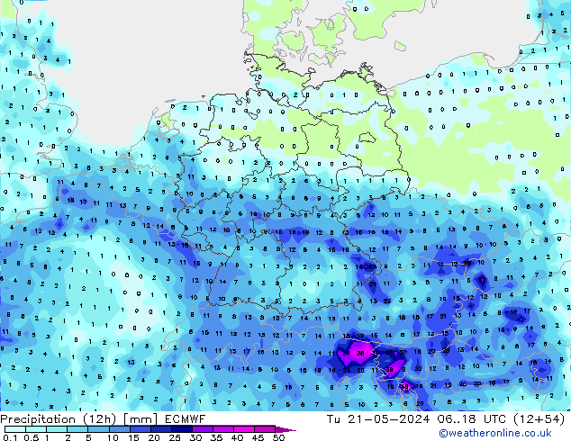Precipitation (12h) ECMWF Tu 21.05.2024 18 UTC