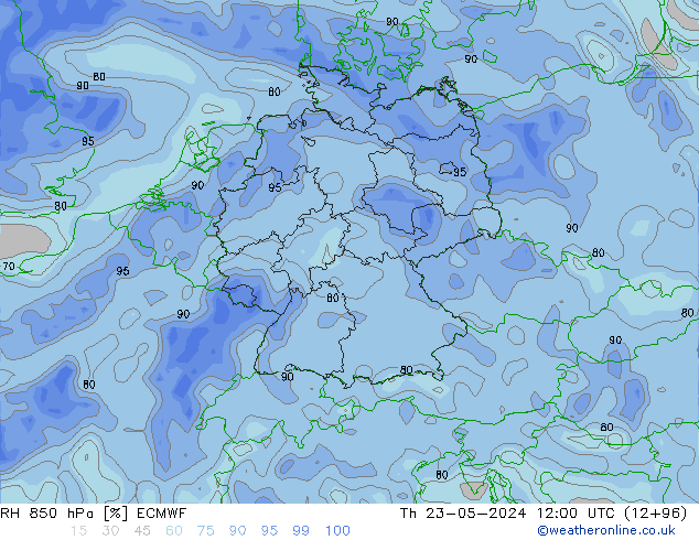 RH 850 hPa ECMWF gio 23.05.2024 12 UTC