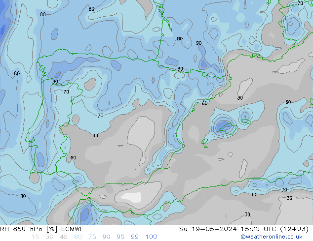 Humidité rel. 850 hPa ECMWF dim 19.05.2024 15 UTC