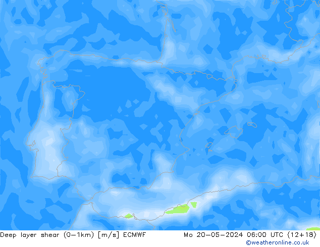 Deep layer shear (0-1km) ECMWF pon. 20.05.2024 06 UTC