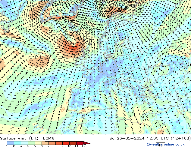 Surface wind (bft) ECMWF Su 26.05.2024 12 UTC