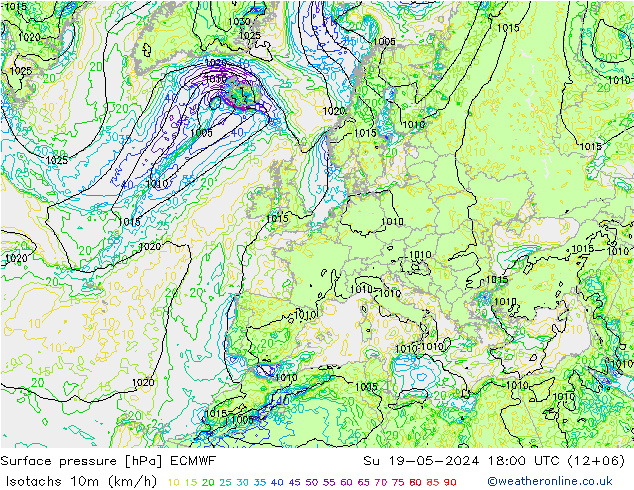 10米等风速线 (kph) ECMWF 星期日 19.05.2024 18 UTC