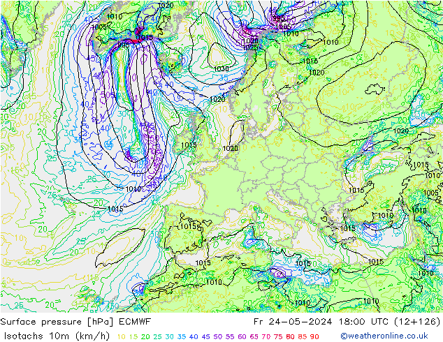 Isotachs (kph) ECMWF Fr 24.05.2024 18 UTC