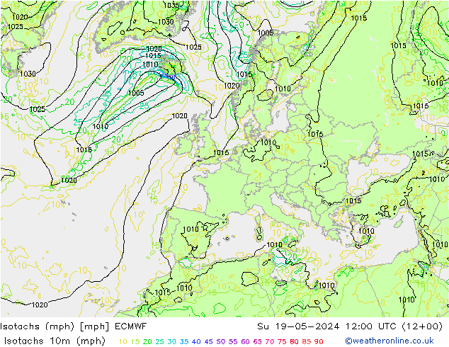 Isotachs (mph) ECMWF  19.05.2024 12 UTC