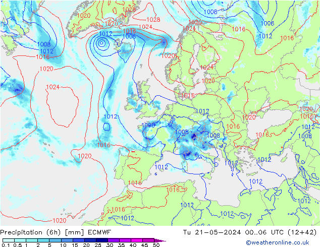Precipitation (6h) ECMWF Tu 21.05.2024 06 UTC