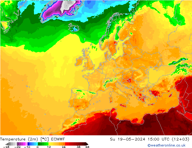 Temperatuurkaart (2m) ECMWF zo 19.05.2024 15 UTC