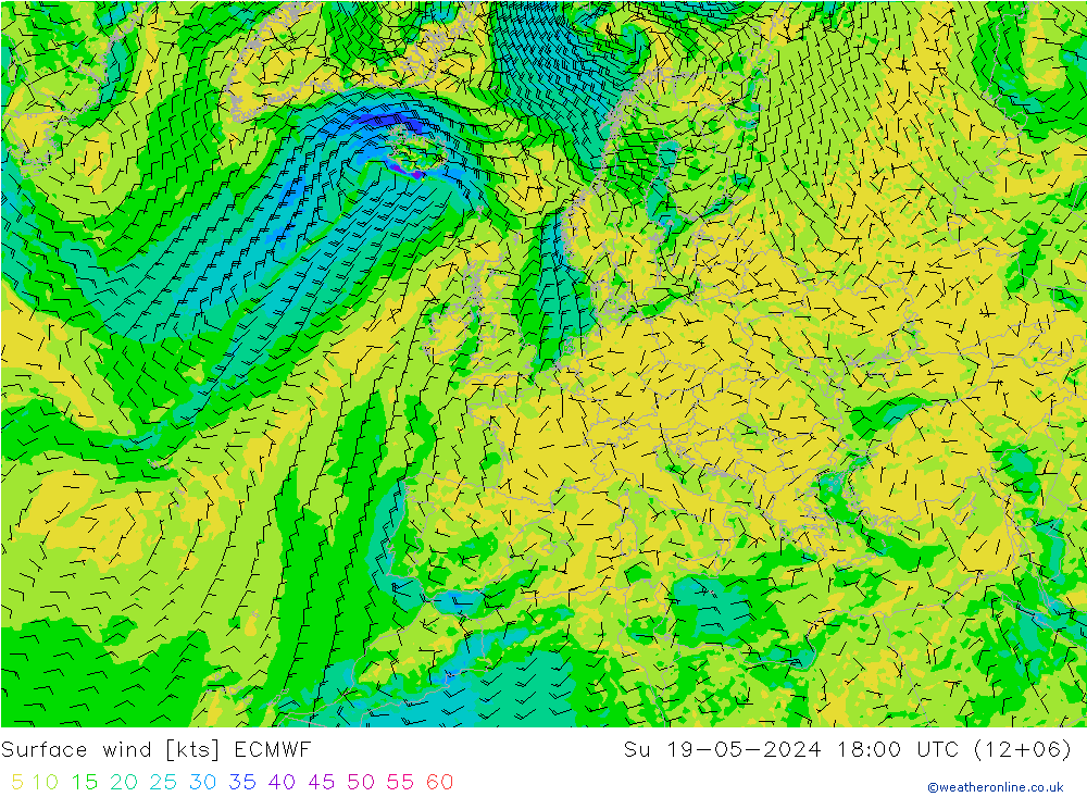 Prec 6h/Wind 10m/950 ECMWF Su 19.05.2024 18 UTC