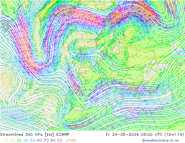 Línea de corriente 300 hPa ECMWF vie 24.05.2024 06 UTC