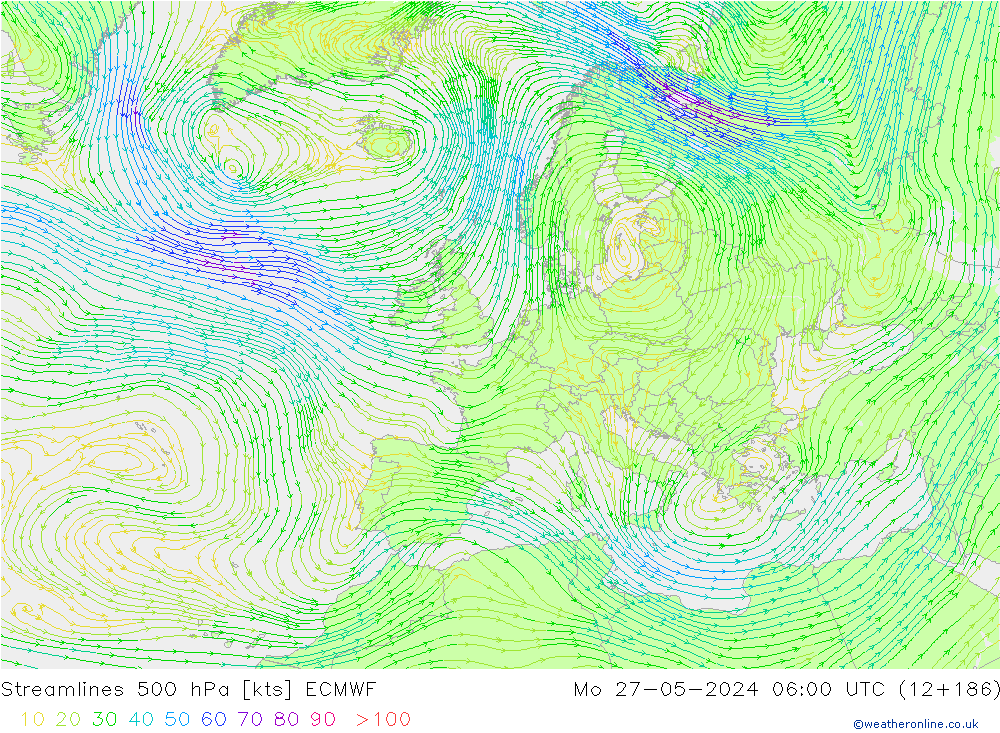 Linha de corrente 500 hPa ECMWF Seg 27.05.2024 06 UTC