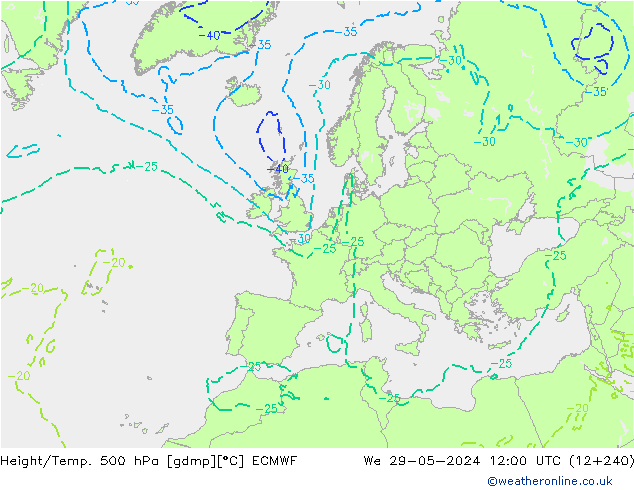 Height/Temp. 500 hPa ECMWF śro. 29.05.2024 12 UTC