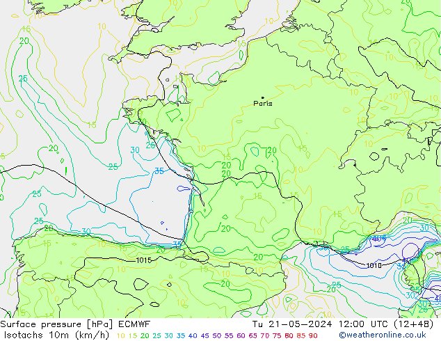Isotachen (km/h) ECMWF di 21.05.2024 12 UTC